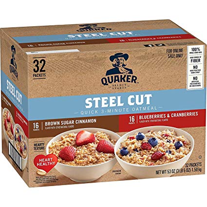 Quaker Steel Cut Quick 3-Minute Oatmeal, 2 Flavor Variety Pack, Individual Packets, 32 Count