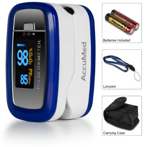 AccuMed® CMS-50D1 Pulse Oximeter Finger Pulse Blood Oxygen SpO2 Monitor w/ Carrying case, Landyard & Battery FDA CE Approved (Blue)