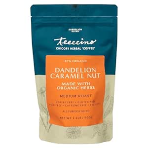 Teeccino Dandelion Caramel Nut Herbal Coffee - Caffeine-Free Coffee Alternative with Prebiotics, Gluten Free, Acid Free - Medium Roast, 500 grams