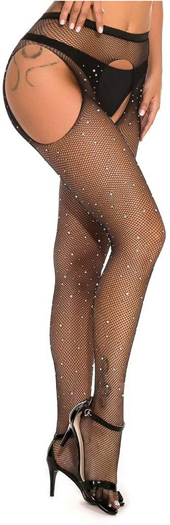 MengPa Fishnet Stockings Rhinestone High Waist Tights Pantyhose Sheer for Women