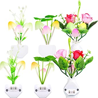 6 Pieces Mushroom Night Lights 7 Color Changing Plug-in Lights Sensor Wall Lamps LED Night Lights Rose Flower Sensor Wall Lamps Energy Saving Lamps for Kids Adults Christmas Night Lights, 3 Styles