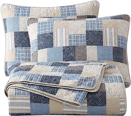 Chezmoi Collection Douglas 3-Piece Printed Patchwork Cotton Quilt Set - Floral Plaid Striped Multicolor - Stone Washed Lightweight Bedspread, King Size