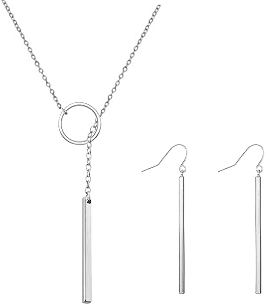 2Pcs Y Pendant Necklace Bar Earring Set Lariat Necklace Long Stick Drop Dangle Earring For Women