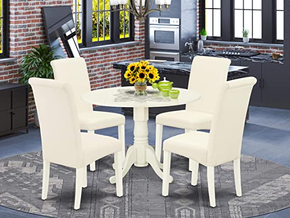 East West Furniture DLBA5-WHI-01 5Pc Dining Set Includes a Small Round Dinette Table with Drop Leaves and Four Parson Chairs with Cream Fabric, Finish, Linen White