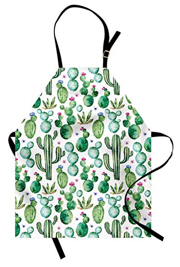 Ambesonne Green Apron, Mexican Texas Cactus Plants Spikes Cartoon Like Artistic Print, Unisex Kitchen Bib Apron with Adjustable Neck for Cooking Baking Gardening, White Pale Pink and Lime Green