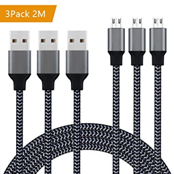 Micro USB Cable, Samsung Charger Lead Coskip 3 Pack 2M High Speed Micro USB Charger Cable Nylon Braided Android Cable for Smartphones, Samsung, HTC, Motorola, Nexus, Nokia, LG, Sony and more- Carbon Black