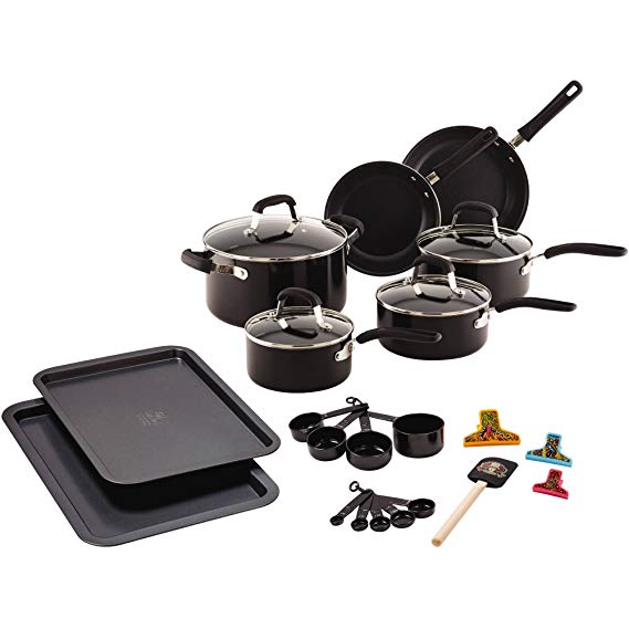 Cookware Set 25-Piece Nonstick Aluminum with Silicone and Stainless Steel Handle, Black
