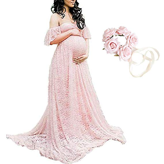 Women's Off Shoulder Ruffle Sleeve Lace Maternity Gown Maxi Photography Dress