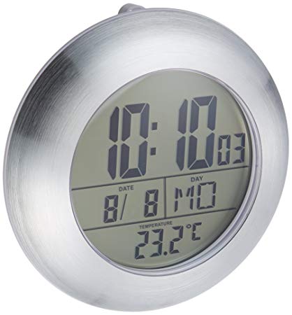 HITO LCD Bathroom Shower Clock displays Time, Date, Week and Temperature w/ suction cup, hanging hole AND table stand (Aluminum finish)