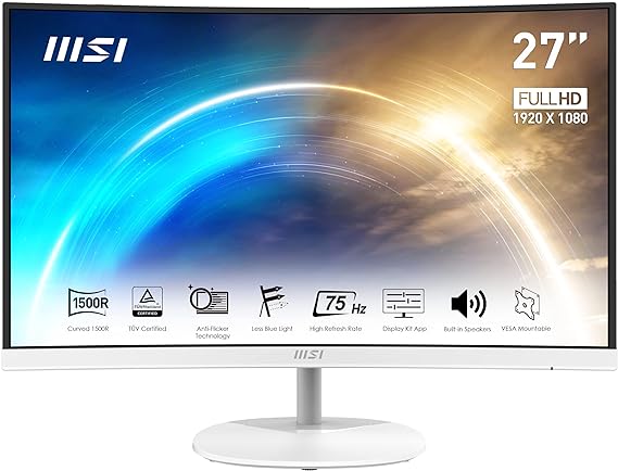 MSI Pro MP271CW, 27", 1920 x 1080 (FHD), Curved VA, 75Hz, FreeSync, TUV Certified Eyesight Protection, 1ms, HDMI, Tilt, White