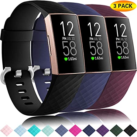 Getino 3 Pack Bands Compatible with Fitbit Charge 4 Bands/Fitbit Charge 3 Bands/Charge 3 SE, Soft, flexible and Waterproof TPU Sport Replacement Strap Wristbands for Women Men Small Black/Navy/Winered