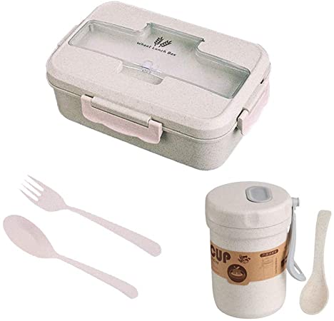 Bento Box Lunch Box Wheat Straw Leakproof Lunch Containers Microwave Safe Lunch Box With Spoon & Fork - Durable, Leak-Proof for On-the-Go Meal, BPA-Free and Food-Safe Materials Gift a Free Cup(Beige)