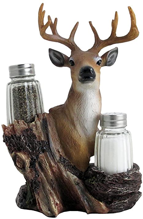 Rustic Deer Glass Salt and Pepper Shaker Set with Decorative Big Buck Holder in Kitchen Spice Racks, Cabin and Hunting Lodge Decor and Gifts for Hunters