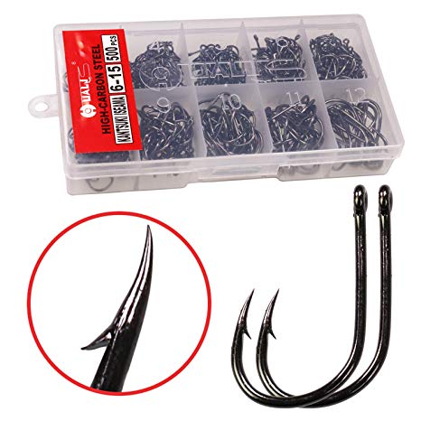 QualyQualy 6#-15# Assorted Fishing Hooks Saltwater Freshwater Stainless Steel Black Nickel Plated Small Fishing Hooks for Bass Trout 500 Pcs/Set