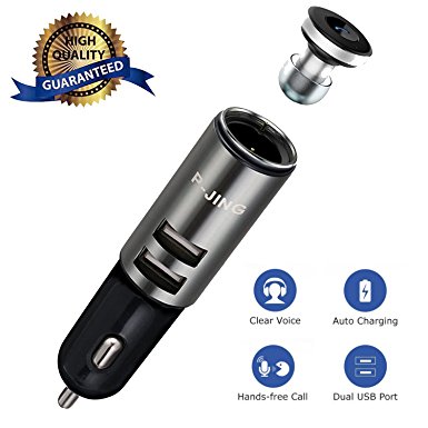 Bluetooth Headset Car Charger Adapter, P-JING Mini Wireless Earbuds Quick Charge 2.0 Technology and 2 in 1 Dual USB Port for iPhone, Samsung, LG, HTC, Nexus,Sony Android Smartphone
