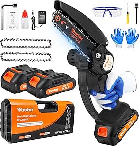 Vastar Mini Chainsaw Cordless, 6 Inch Portable Electric Chain Saw, Battery Powered Chainsaw with 2 Pcs 24V 2000MAH Rechargeable Battery and 2 Chains, Splash Guard for Tree Trimming Gardening Camping