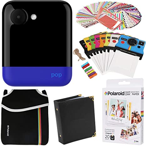 Polaroid POP Instant Camera (Blue) Gift Bundle   Zink Paper (20 Sheets)   Pouch   100 Sticker Border Frames   Hanging Frames   Album