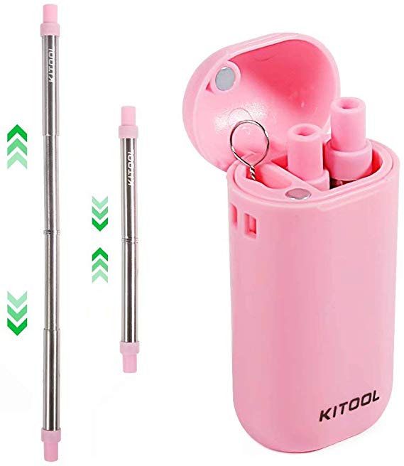 Upgraded Eco Friendly Reusable Collapsible Straws, KITOOL Telescopic Stainless Steel Straw Portable Set - Hot Pink