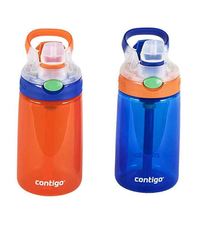 Contigo Kids Water Bottle, 2 Pack Autospout Gizmo - Plastic, 14oz - Leak and Spill Proof Bottles, Ideal for Travel and Activities, Easy-Clean and Dishwasher Safe - Press The Button For Pop Up Straw