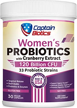 Captain Biotics Probiotics for Women, 120 Billion CFU 33 Targeted Strains, with Prebiotics, Enzymes, Cranberry, for Vaginal, Digestive, Immune Health, Shelf-Stable, Non-GMO, No Gluten, 30 Veggie Caps