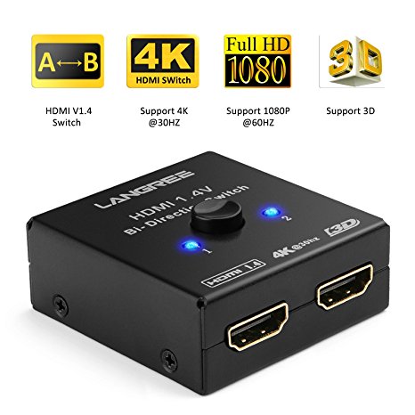 4K HDMI Switcher 2 Ports, LANGREE Bi-directional Manual HDMI Switch 2 x 1 / 1 x 2, AB HDMI Hub-HDCP Passthrough-Supports Ultra HD 4K 1080P 3D