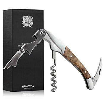 Waiters Corkscrew All-in-One Stainless Steel Double Hinged Wine Key Rose Wood Handle, Foil Cutter, Corkscrew Worm, Cap Opener by Homestia
