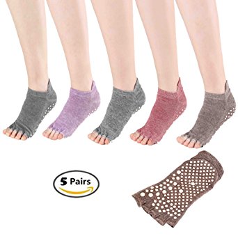 5 Pairs Toe Yoga Pilates Socks Non Slip Skid Barre Sock with Grips for Women & Men