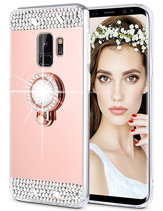 Galaxy S9 Case, Caka Galaxy S9 Glitter Case [Mirror Series] Luxury Cute Shiny Bling Mirror Makeup Case for Girls with Ring Kickstand Diamond Crystal Protective TPU Case for Galaxy S9 - (Rosegold)