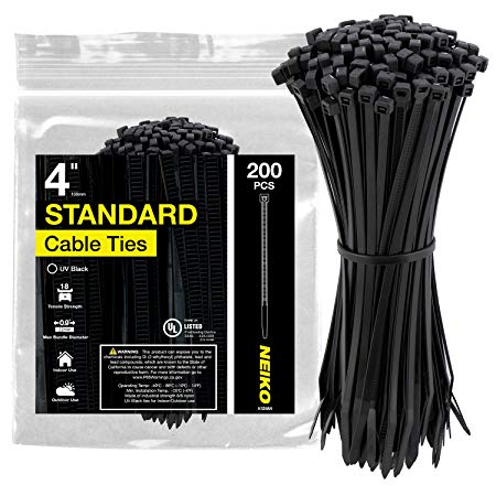 Neiko 51258A UV Black Cable Zip Ties, 200-Piece | 4-Inch Length | 18-lbs Tensile Strength