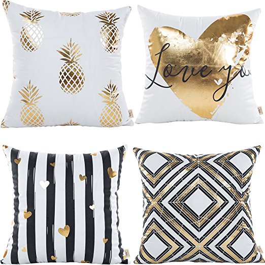 HOSL 4 Pack ZTTJ02 Gold Stamping Pattern Decorative Pillow Cover Case 18" X 18"