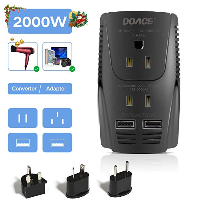 2019 Upgraded DOACE C11 2000W Travel Voltage Converter for Hair Dryer Straightener, Flat Iron, Set Down 220V to 110V, 10A Power Adapter with 2-Port USB, EU/UK/AU/US Plug for Laptop, Camera, Phones