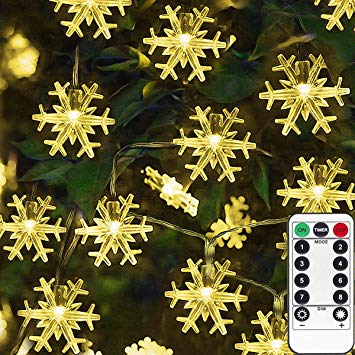 Homeleo 50 LED Warm White Snowflake Lights with Remote, Battery Operated Snowflake LED Fairy Lights String for Chrismas, Party, Wedding, New Year, Garden Décor