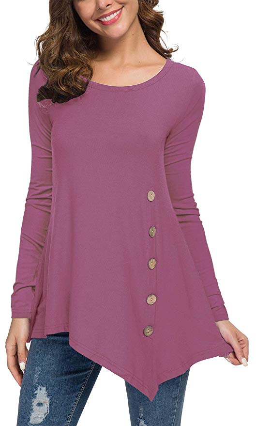 Viishow Women's Long Sleeve Scoop Neck Button Side Tunic Tops Blouse