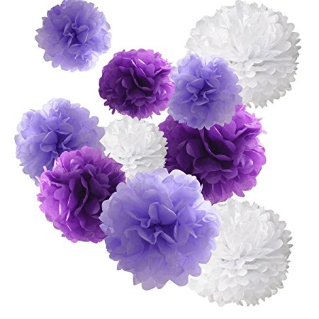 18pcs Tissue Hanging Paper Pom-poms, Hmxpls Flower Ball Wedding Party Outdoor Decoration Premium Tissue Paper Pom Pom Flowers Craft Kit (Purple & White)