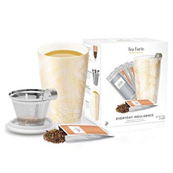 Tea Forte Loose Tea Starter Set, Holiday Gift Set with Kati Cup Infuser Steeping Cup and Box of 10 Single Steeps Assorted Varitety Tea Pouches (Everyday Indulgence)