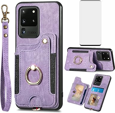 Phone Case for Samsung Galaxy S20 Ultra 5G Wallet Cover with Screen Protector and Wrist Strap Lanyard RFID Card Holder Ring Stand Cell Accessories S20ultra 20S S 20 A20 S2O 20ultra G5 Women Men Purple