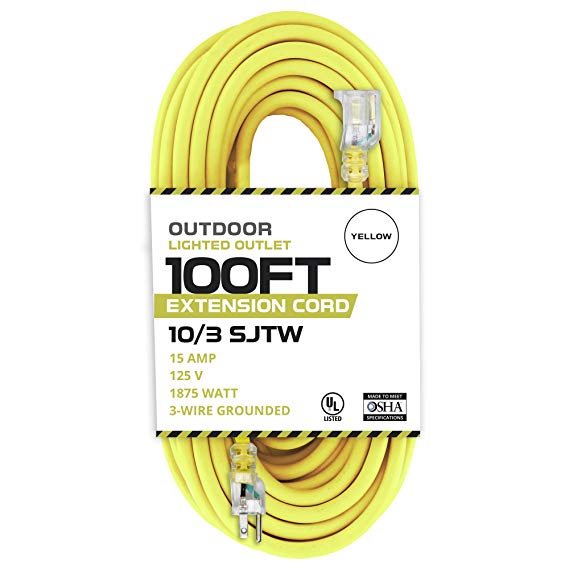 100 Foot Lighted Outdoor Extension Cord - 10/3 SJTW Yellow 10 Gauge Extension Cable with 3 Prong Grounded Plug for Safety - Great for Garden and Major Appliances