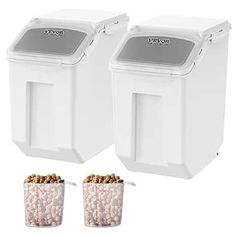 VEVOR Ingredient Storage Bin, 2 x 15L Dispenser Bin with 2 Measuring Cups, Attachable Casters and Airtight Lid, 2 Pcs/Set Dog Pet Food Storage Container, PP Material Kitchen Rice Cereal Flour Bin