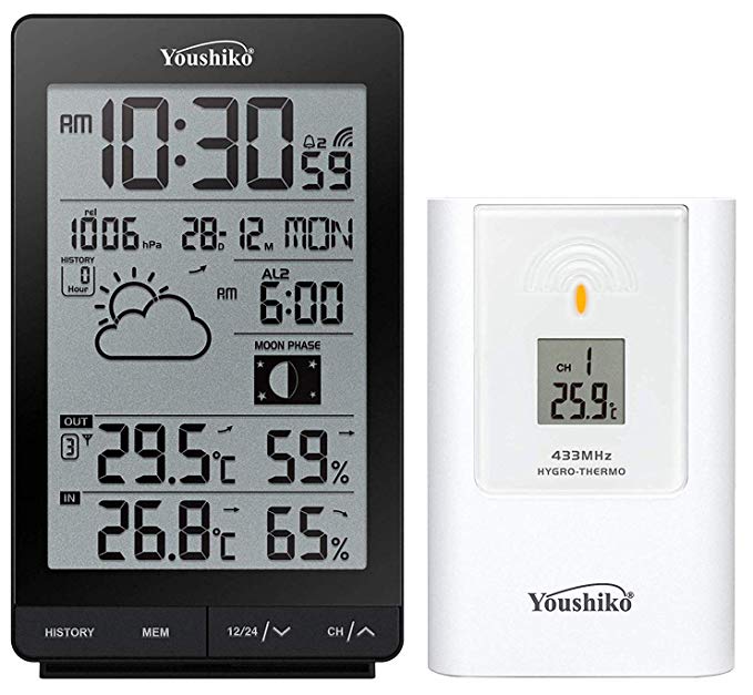 Youshiko Wireless Weather Station (Premium Quality/Clear Display) with Radio Controlled Clock (Official UK Version), Indoor Outdoor Temperature Thermometer, Humidity Barometric pressure
