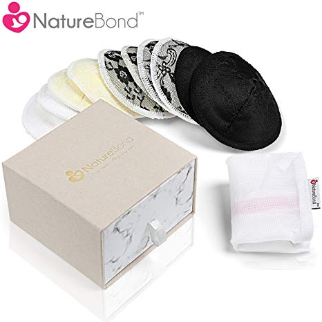 NatureBond Washable Organic Bamboo Nursing Pads (10 Pack) | Contoured Reusable Breast/Breastfeeding Lace Pads | Beautiful Absorbent Hypoallergenic | Bonus Large Laundry Bag | Perfect Baby Shower Gift