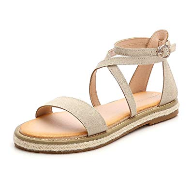 Wollanlily Women Roman Style Gladiator Sandals Ankle Strap Espadrilles Side Summer Flats Shoes