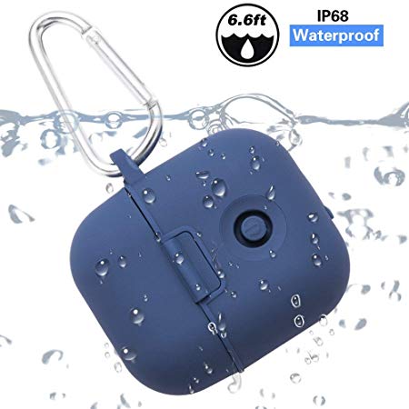 Airpods Waterproof Case, Apple Airpods Protective Resistant Case Cover Accessories Kits Hard Shell Cradle Holder with Key Chain and IP68 Waterproof Level for Airpods Charging Case (Navy Blue)