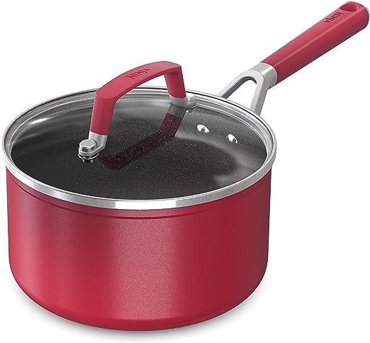 Ninja C20225 Foodi NeverStick Vivid 2.5-Quart Saucepan with Glass Lid, Nonstick, Durable & Oven Safe To 400°F, Cool-Touch Handles, Crimson Red