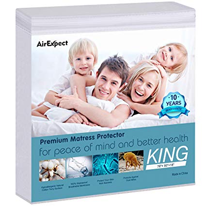 Waterproof Mattress Protector King Size - AirExpect 100% Organic Cotton Hypoallergenic Breathable Mattress Pad Cover, 18” Deep Pocket , Vinyl Free - 76” x 80”