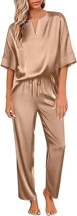 Ekouaer Satin Pajama Set Womens Silk Short Sleeve V Neck Shirt with Long Pant Soft Loungewear Pjs Set