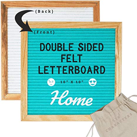 Double Sided Letter Board 10 x 10 (White Felt & Teal Felt) 536 Characters: Letters, Large Cursive Words, Emojis, Icon Symbols - Changeable Felt Message Board Set Includes Wood Stand & Wall Display