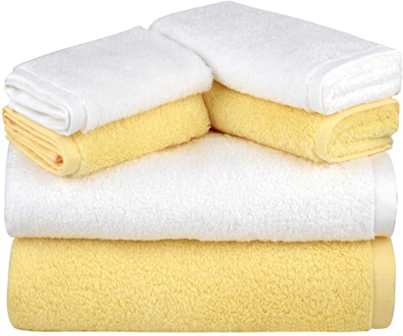 SEMAXE Towel Bath Towel Sets for Bathroom, Absorbent and Soft Long-Staple Cotton Towel,Hotel & Spa Quality 6 Piece Towel Set Includes 2 Bath Towels, 2 Hand Towels, 2 Washcloths (Yellow White)