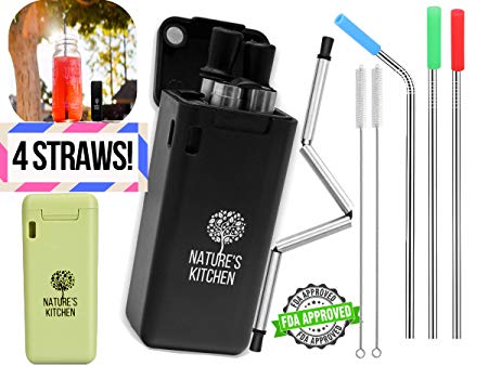Collapsible Reusable Straw For Keychain | Stainless Steel | Folding Eco-Friendly Drinking Straws | Cleaner Tool and Travel Holder Case | Black | Bonus 3 Stainless Steel Straws