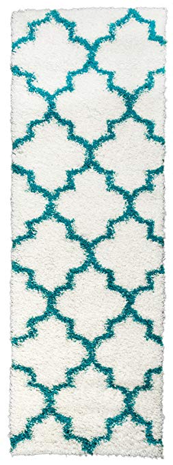 Super Area Rugs 2x8 White & Turquoise Shag Rug For Open Spaces and Hallways Moroccan Geometric Quatrefoil Trellis Printed Stain-Resistant Carpet