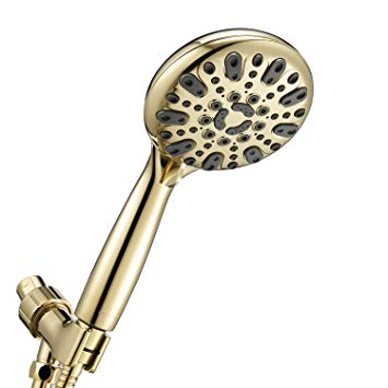 Couradric Handheld Shower Head, 6 Spray Setting High Pressure Shower Head with Brass Swivel Ball Bracket and Extra Long Stainless Steel Hose, Polished Brass, 5"